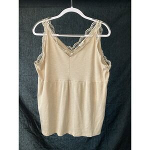 Grace & Emma Y2K Womens Babydoll Tank Top Beige Lace Trim XL VNeck Ribbed Preppy